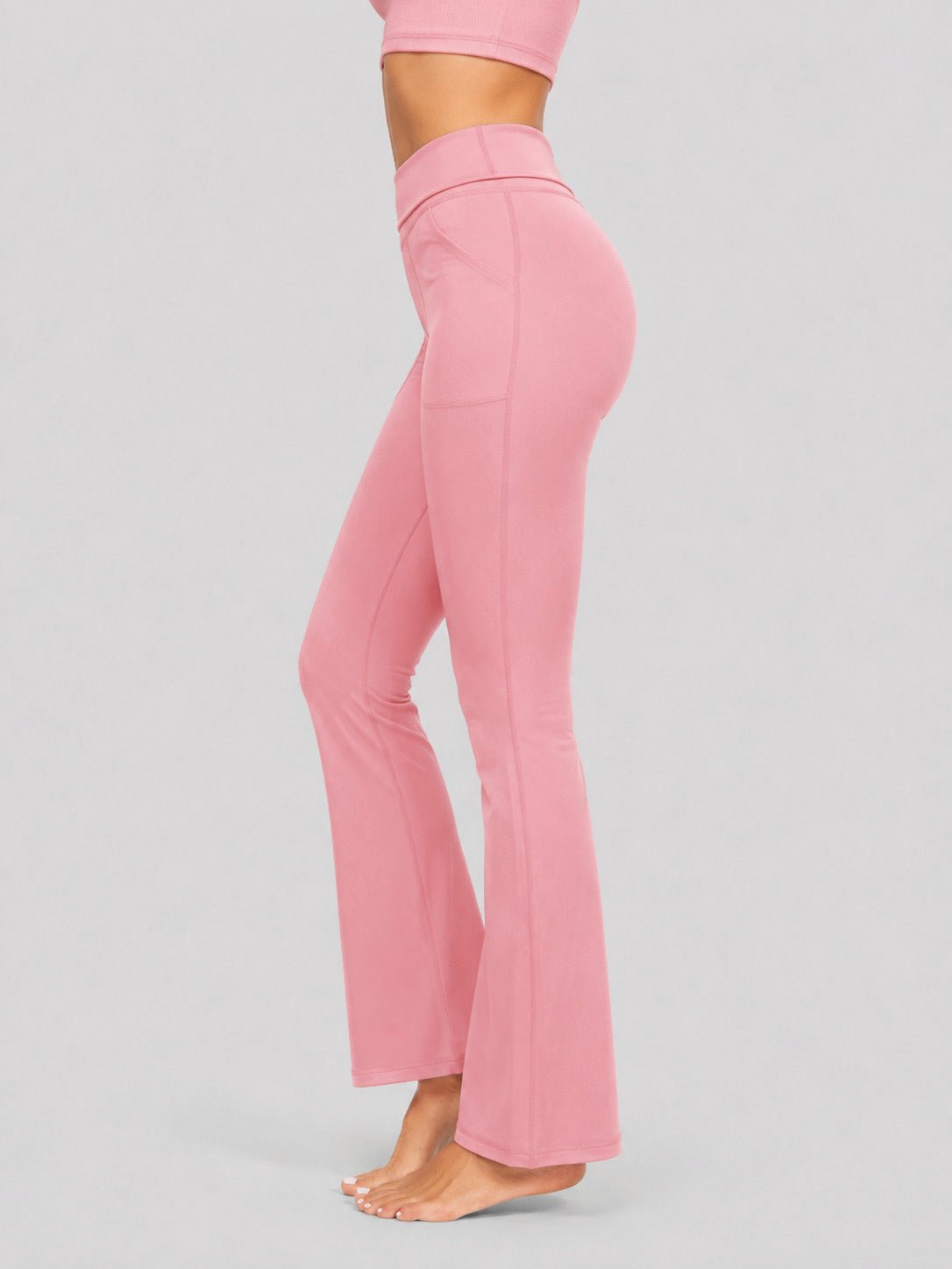 YUCOLEN Women's Flare Yoga Pants Foldover High Waist Bootcut Leggings with Pockets in Grey Pink