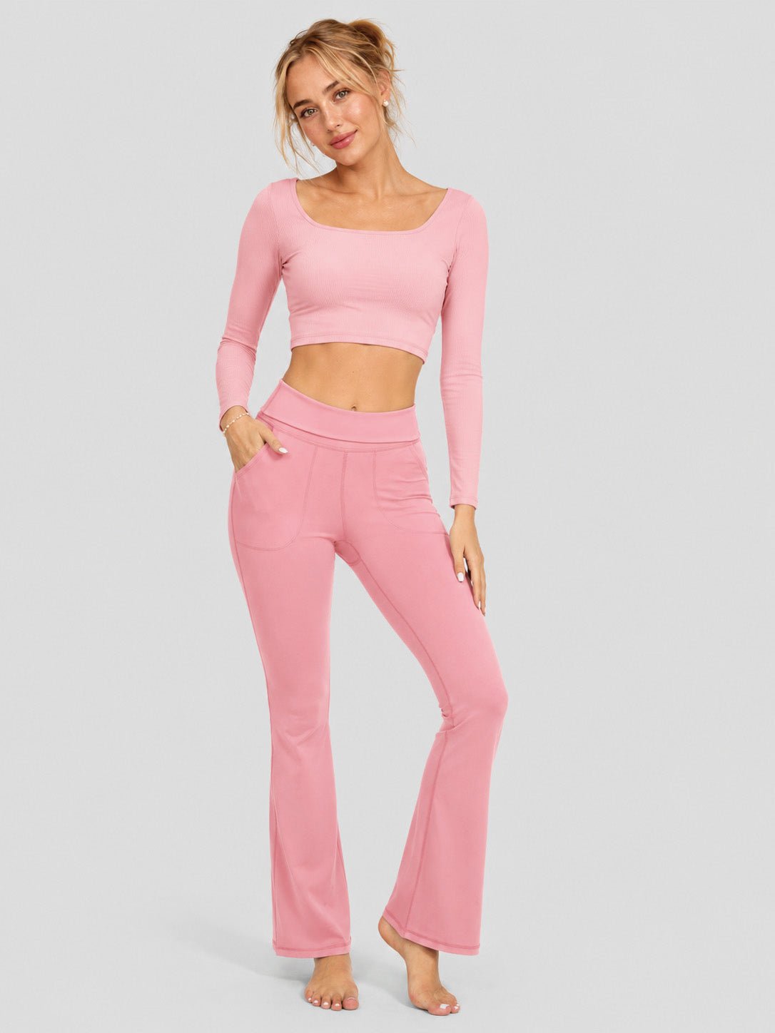 YUCOLEN Women's Flare Yoga Pants Foldover High Waist Bootcut Leggings with Pockets in Grey Pink