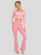 YUCOLEN Women's Flare Yoga Pants Foldover High Waist Bootcut Leggings with Pockets in Grey Pink