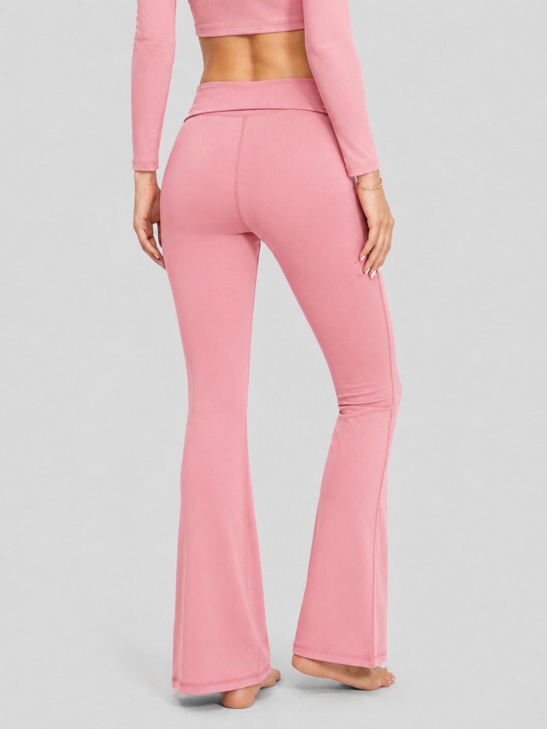 YUCOLEN Women's Flare Yoga Pants Foldover High Waist Bootcut Leggings with Pockets in Grey Pink