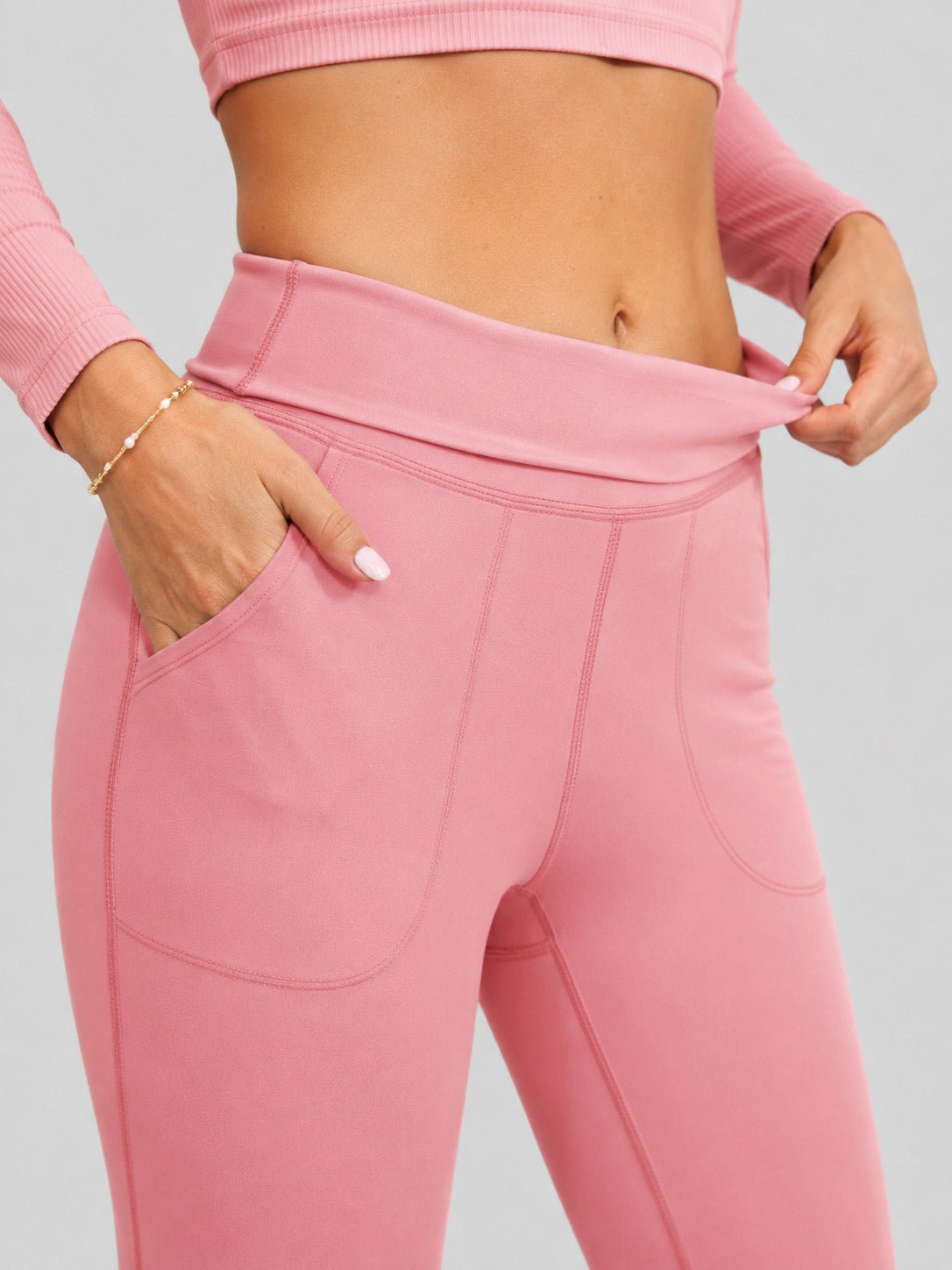 YUCOLEN Women's Flare Yoga Pants Foldover High Waist Bootcut Leggings with Pockets in Grey Pink