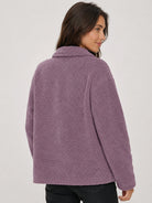 YUCOLEN Women‘s Button Down Fleece Jacket Soft Fuzzy Lapel Collar Coat with Pockets in Grey Purple