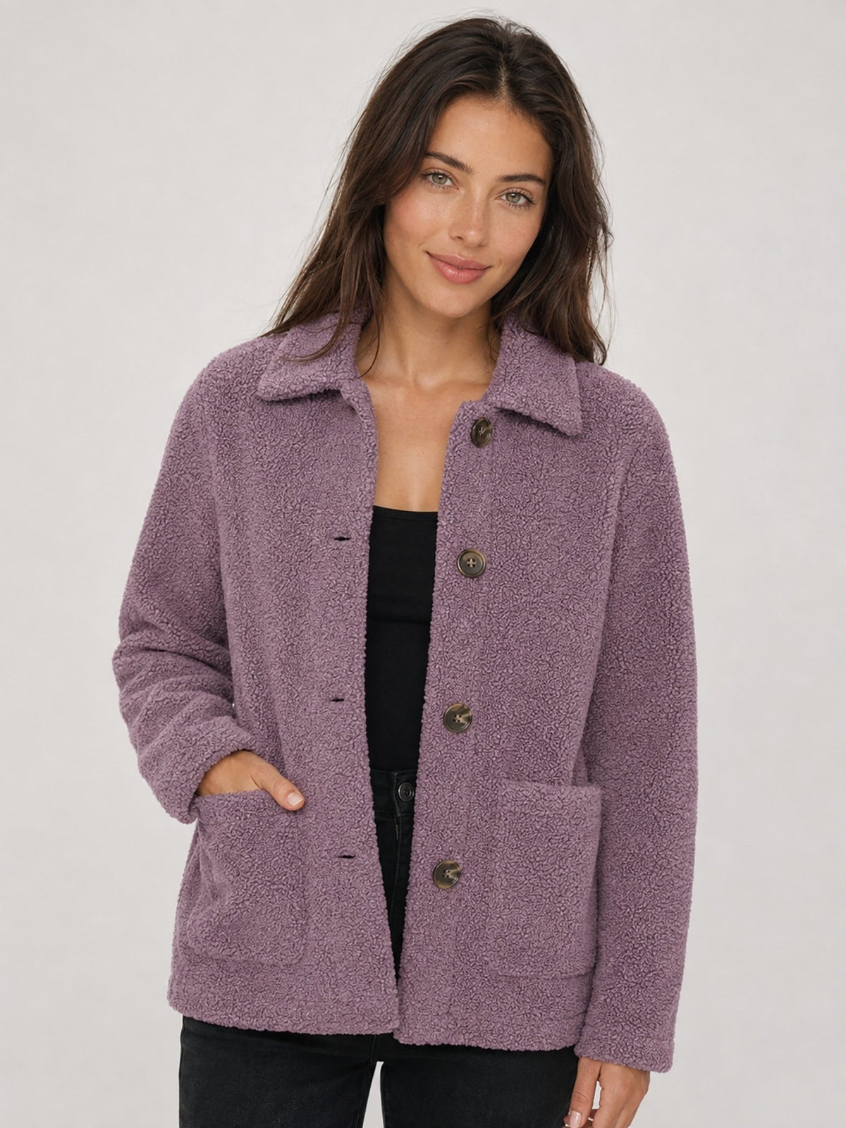 YUCOLEN Women‘s Button Down Fleece Jacket Soft Fuzzy Lapel Collar Coat with Pockets in Grey Purple