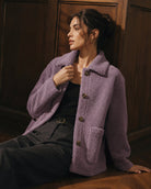 YUCOLEN Women‘s Button Down Fleece Jacket Soft Fuzzy Lapel Collar Coat with Pockets in Grey Purple