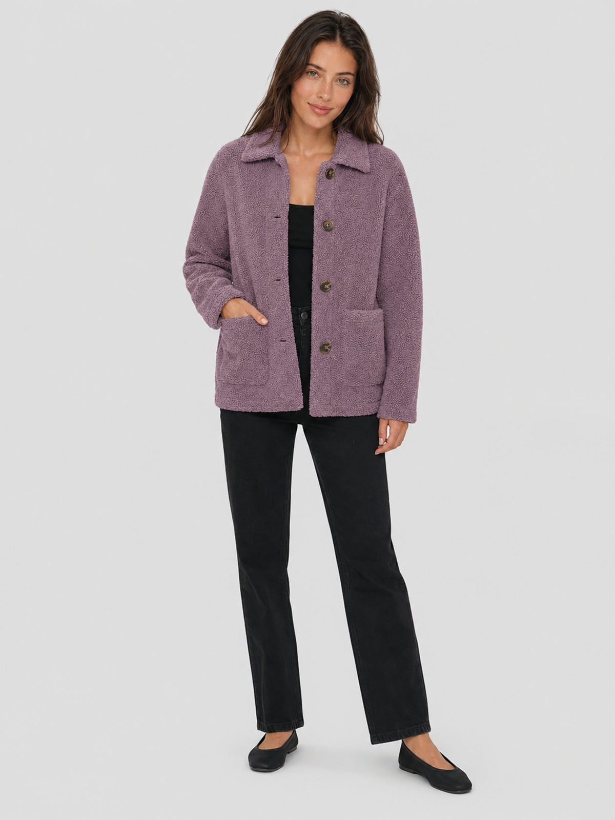 YUCOLEN Women‘s Button Down Fleece Jacket Soft Fuzzy Lapel Collar Coat with Pockets in Grey Purple