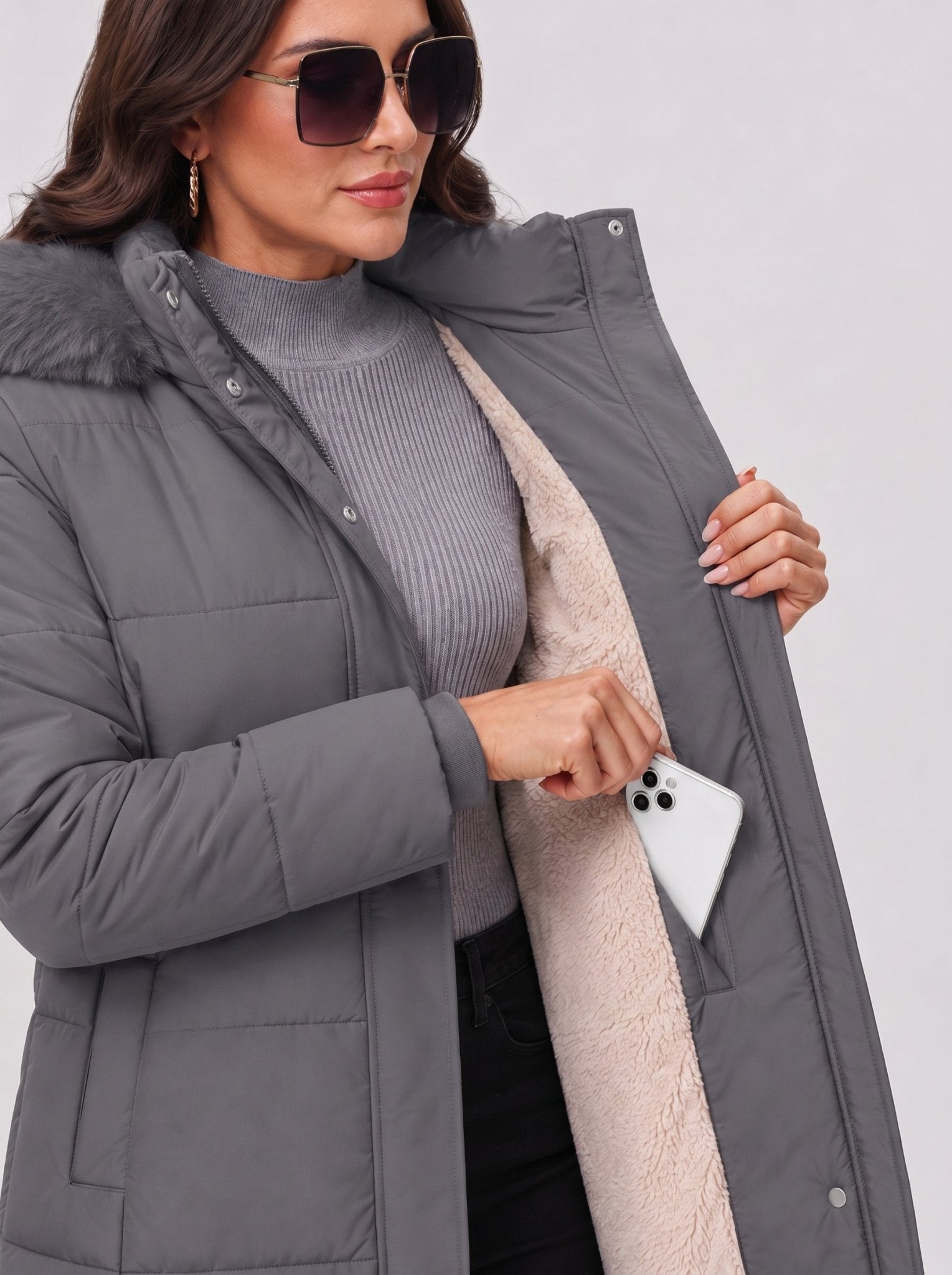 YUCOLEN Women's Long Winter Down Coat Fleece Lined Puffer Jackets in Grey
