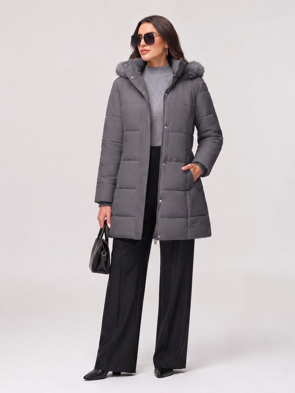 YUCOLEN Women's Long Winter Down Coat Fleece Lined Puffer Jackets in Grey