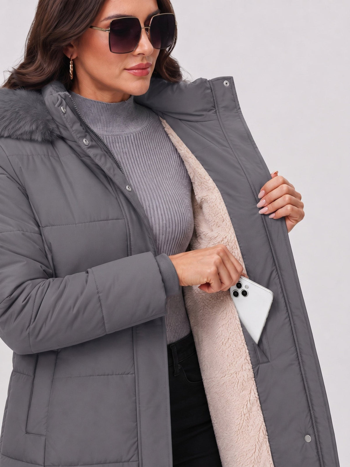 YUCOLEN Women's Long Winter Down Coat Fleece Lined Puffer Jackets in Grey