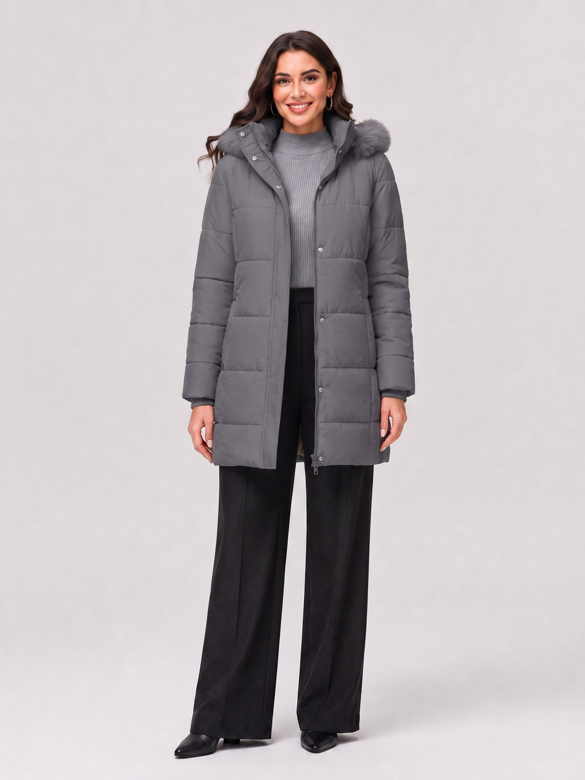 YUCOLEN Women's Long Winter Down Coat Fleece Lined Puffer Jackets in Grey
