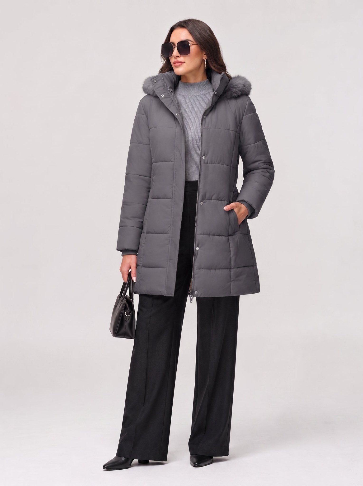 YUCOLEN Women's Long Winter Down Coat Fleece Lined Puffer Jackets in Grey