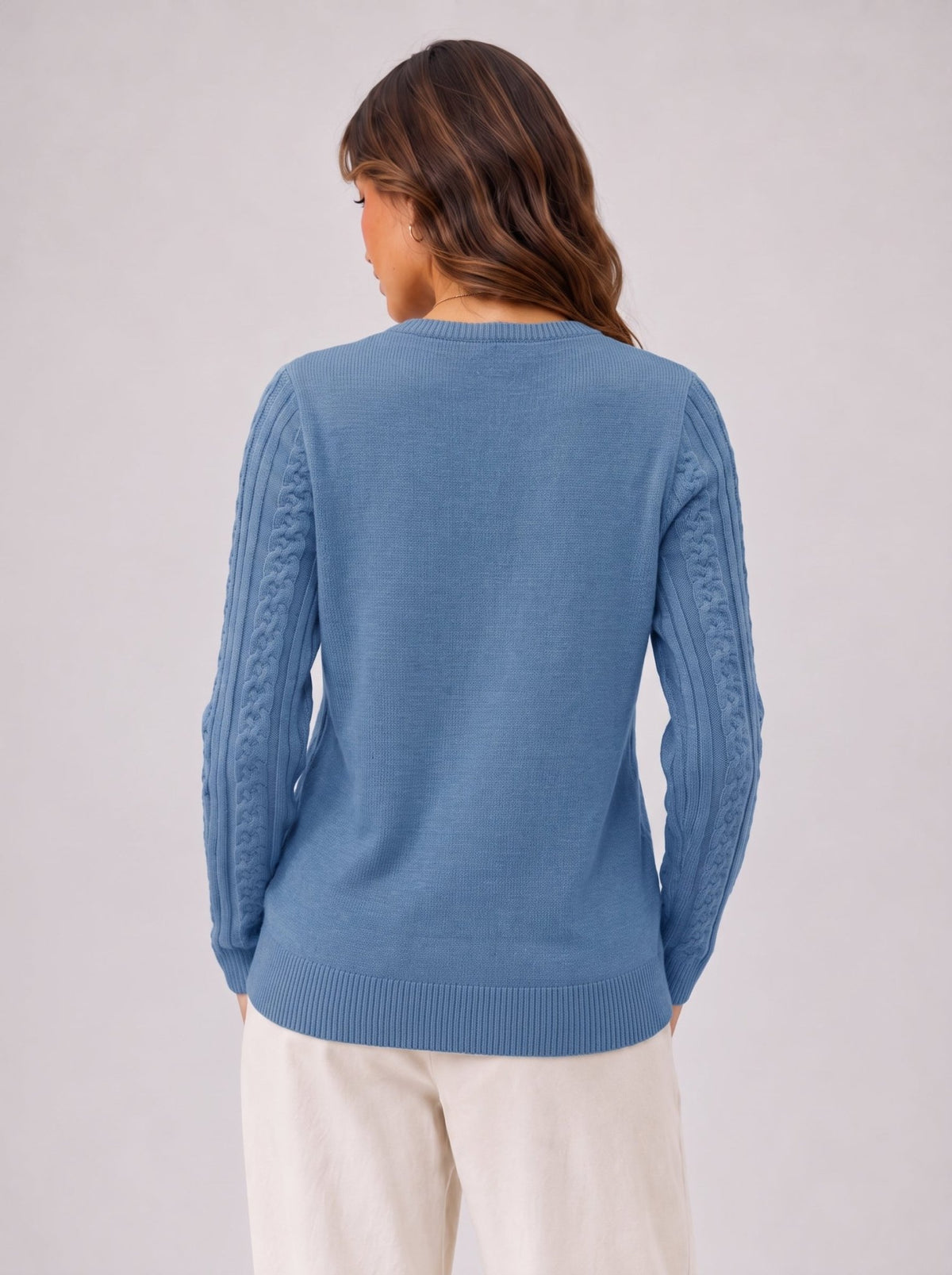 YUCOLEN Women's Lightweight Cable Knit Sweater Soft Crew Neck Fisherman Pullover Top in Hazy Blue
