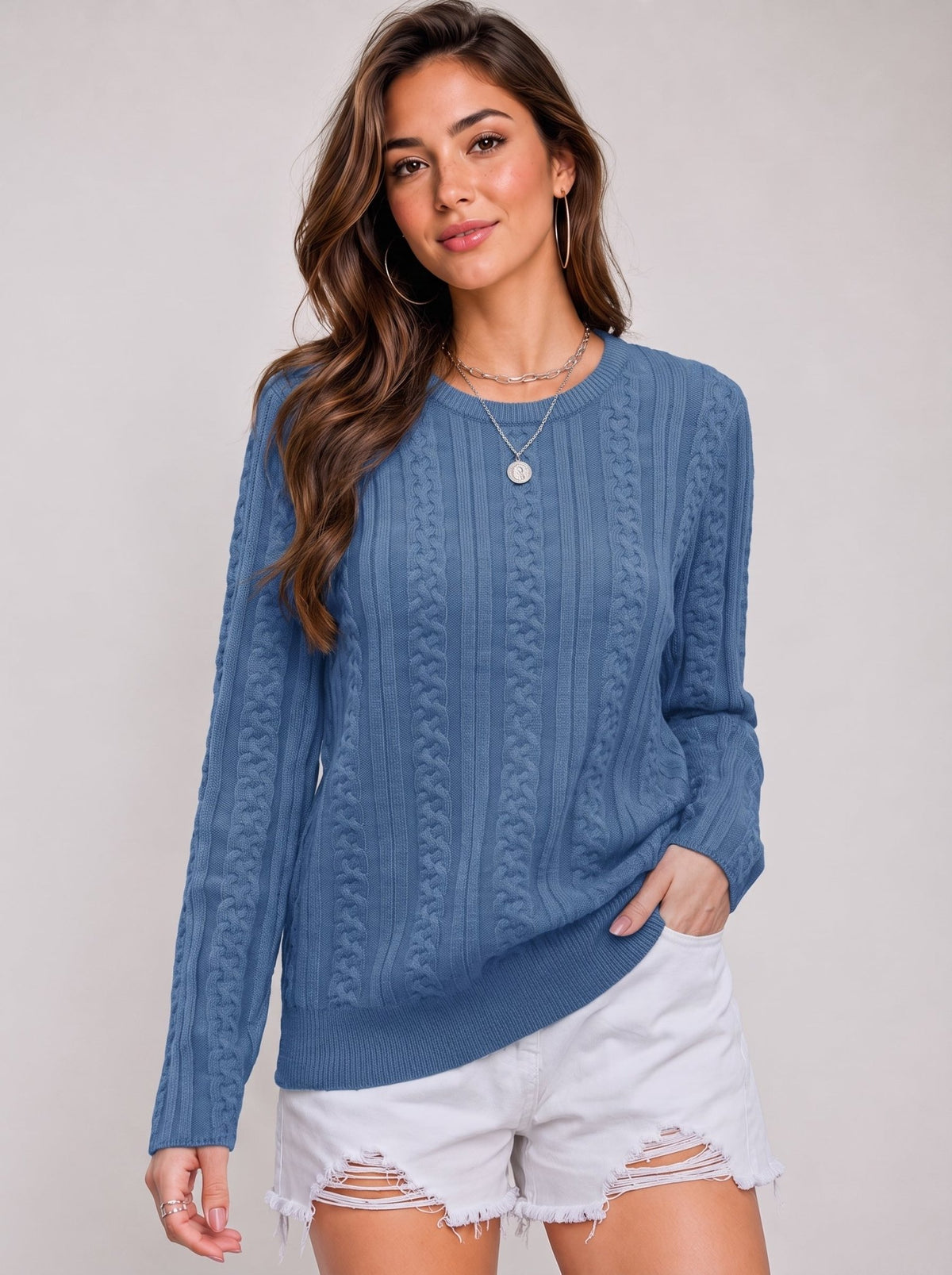 YUCOLEN Women's Lightweight Cable Knit Sweater Soft Crew Neck Fisherman Pullover Top in Hazy Blue