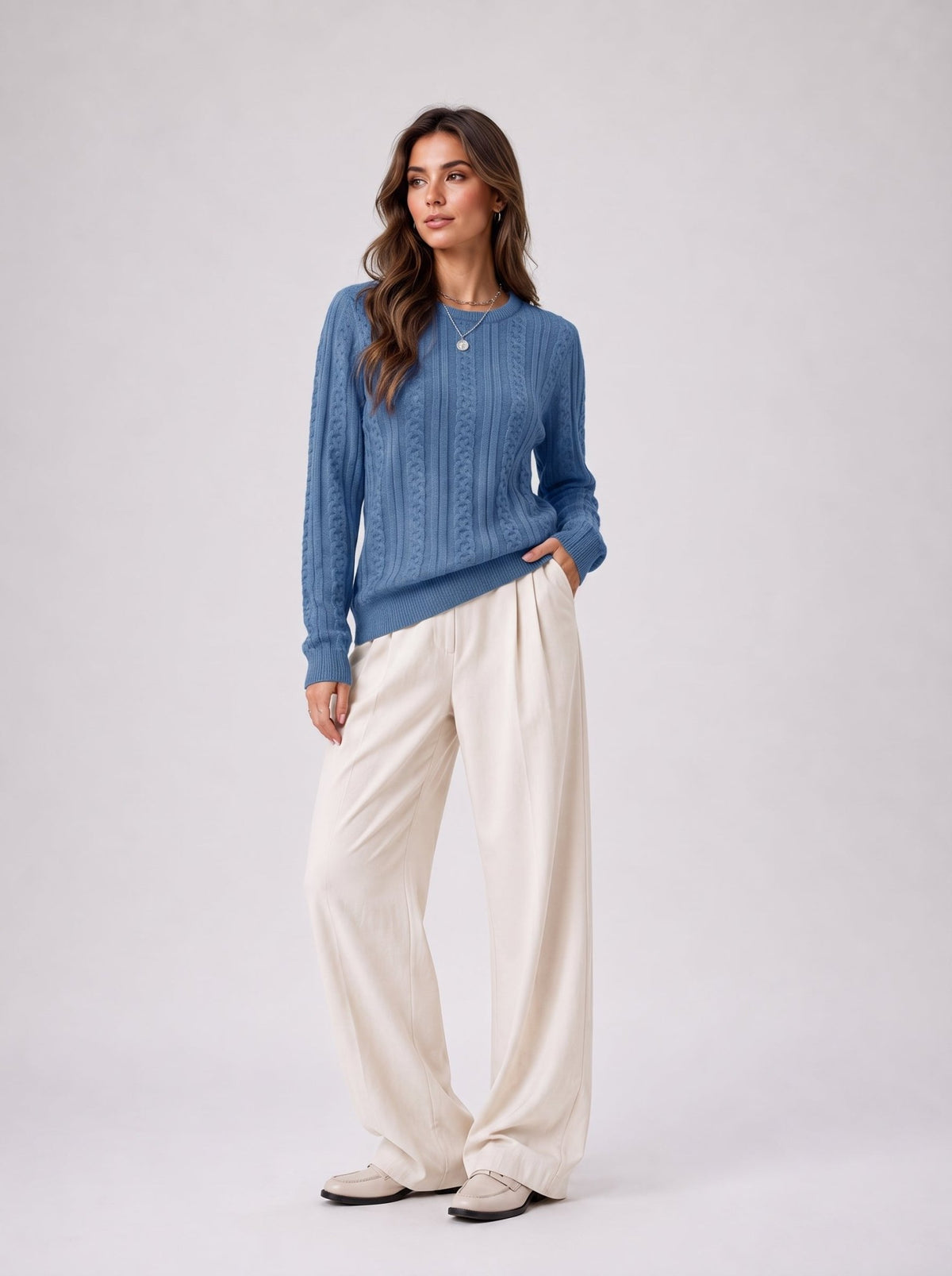 YUCOLEN Women's Lightweight Cable Knit Sweater Soft Crew Neck Fisherman Pullover Top in Hazy Blue