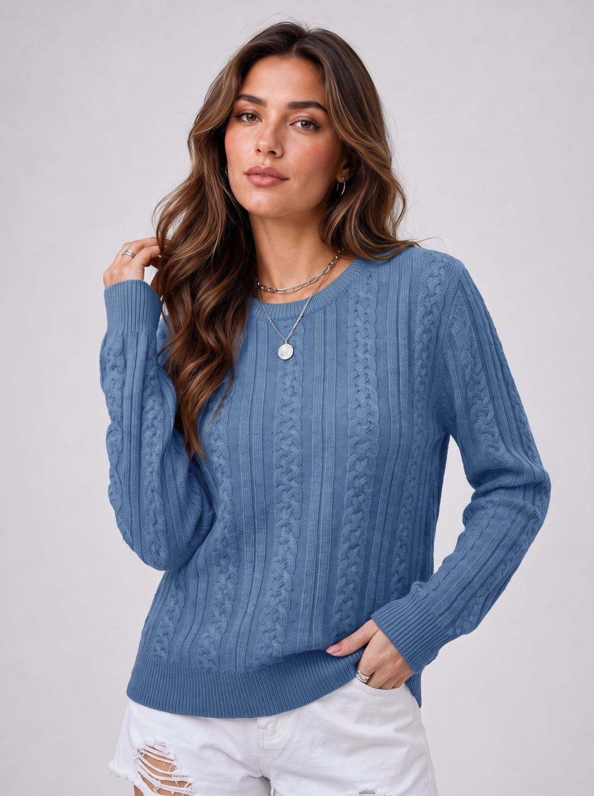 YUCOLEN Women's Lightweight Cable Knit Sweater Soft Crew Neck Fisherman Pullover Top in Hazy Blue