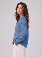 YUCOLEN Women's Lightweight Cable Knit Sweater Soft Crew Neck Fisherman Pullover Top in Hazy Blue