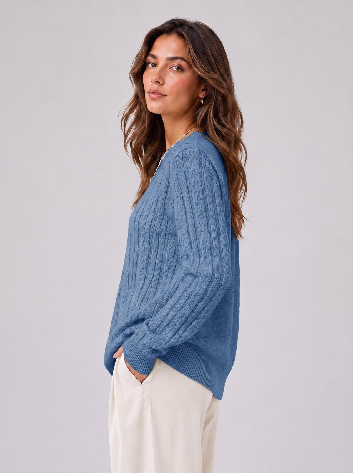 YUCOLEN Women's Lightweight Cable Knit Sweater Soft Crew Neck Fisherman Pullover Top in Hazy Blue