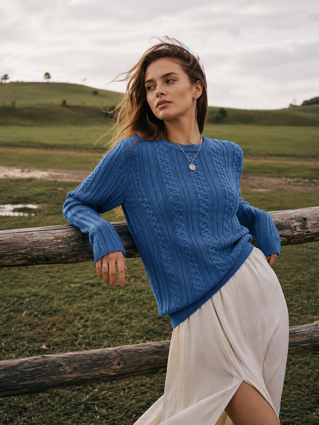 YUCOLEN Women's Lightweight Cable Knit Sweater Soft Crew Neck Fisherman Pullover Top in Hazy Blue