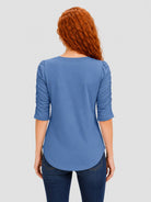 YUCOLEN Women's Puff Half Sleeve Tri-blend Top Casual Blouse in Hazy Blue