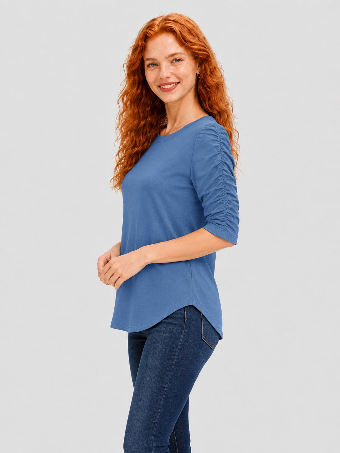YUCOLEN Women's Puff Half Sleeve Tri-blend Top Casual Blouse in Hazy Blue