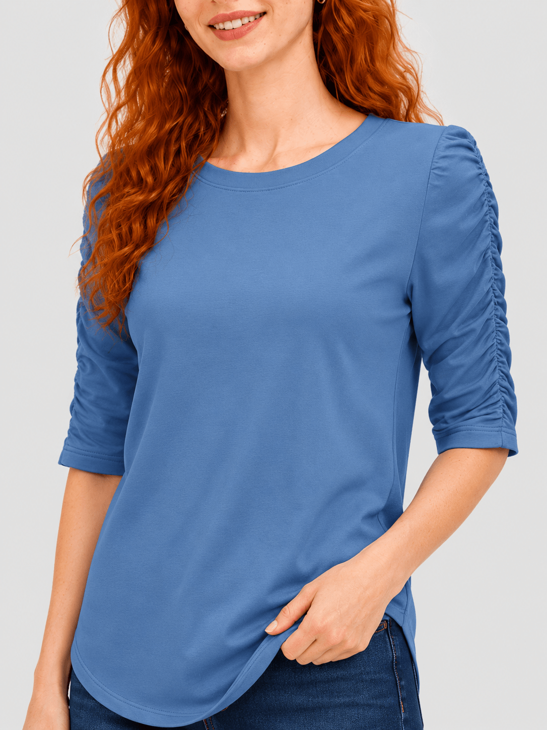 YUCOLEN Women's Puff Half Sleeve Tri-blend Top Casual Blouse in Hazy Blue
