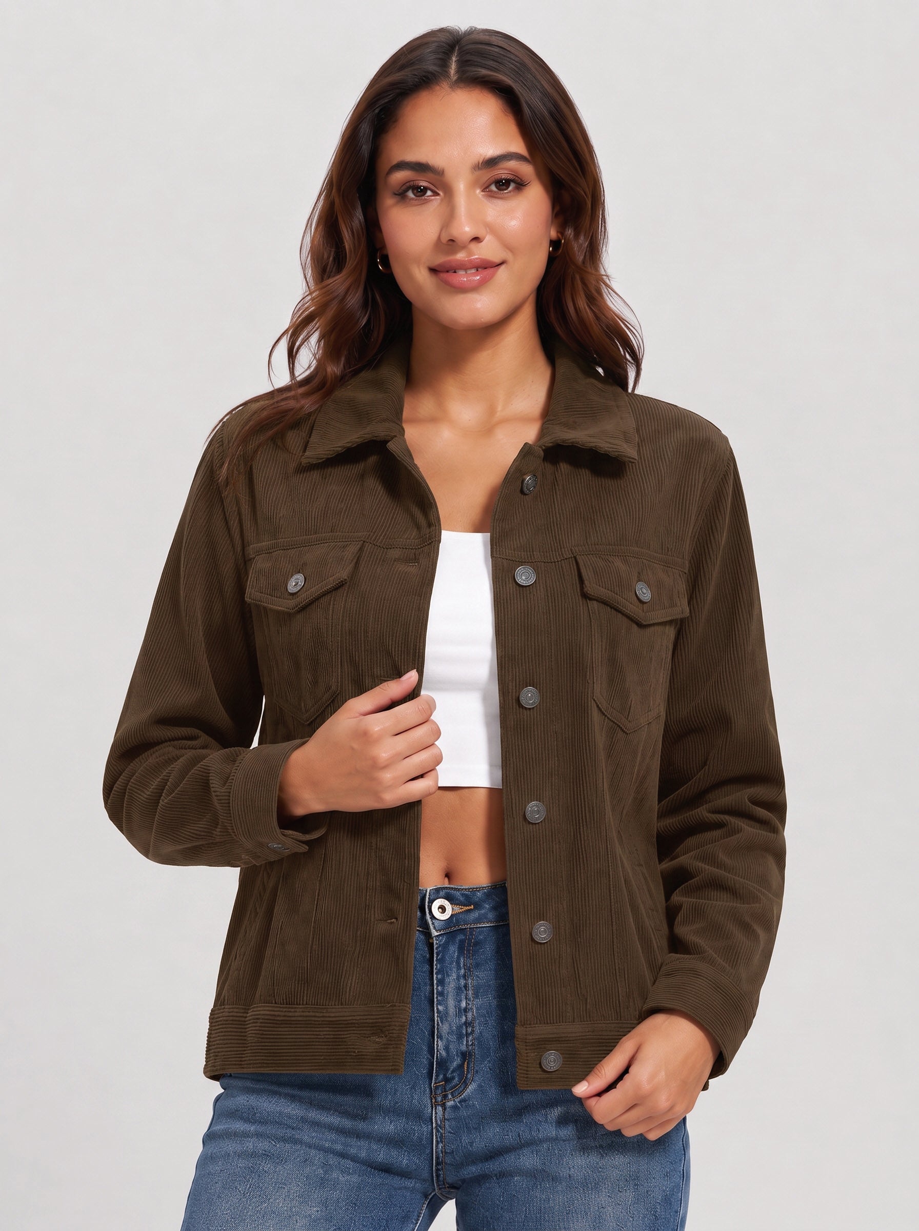 Women's Lightweight Cropped Corduroy Shacket with 4 Pockets Button Down Casual Jacket