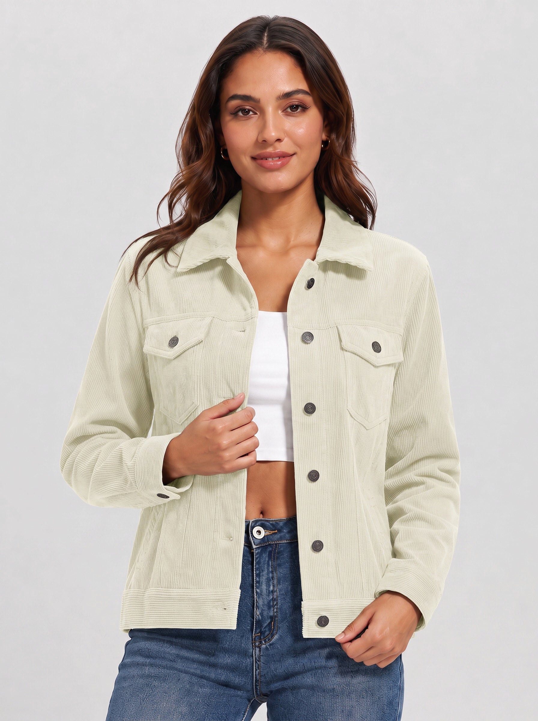 Women's Lightweight Cropped Corduroy Shacket with 4 Pockets Button Down Casual Jacket