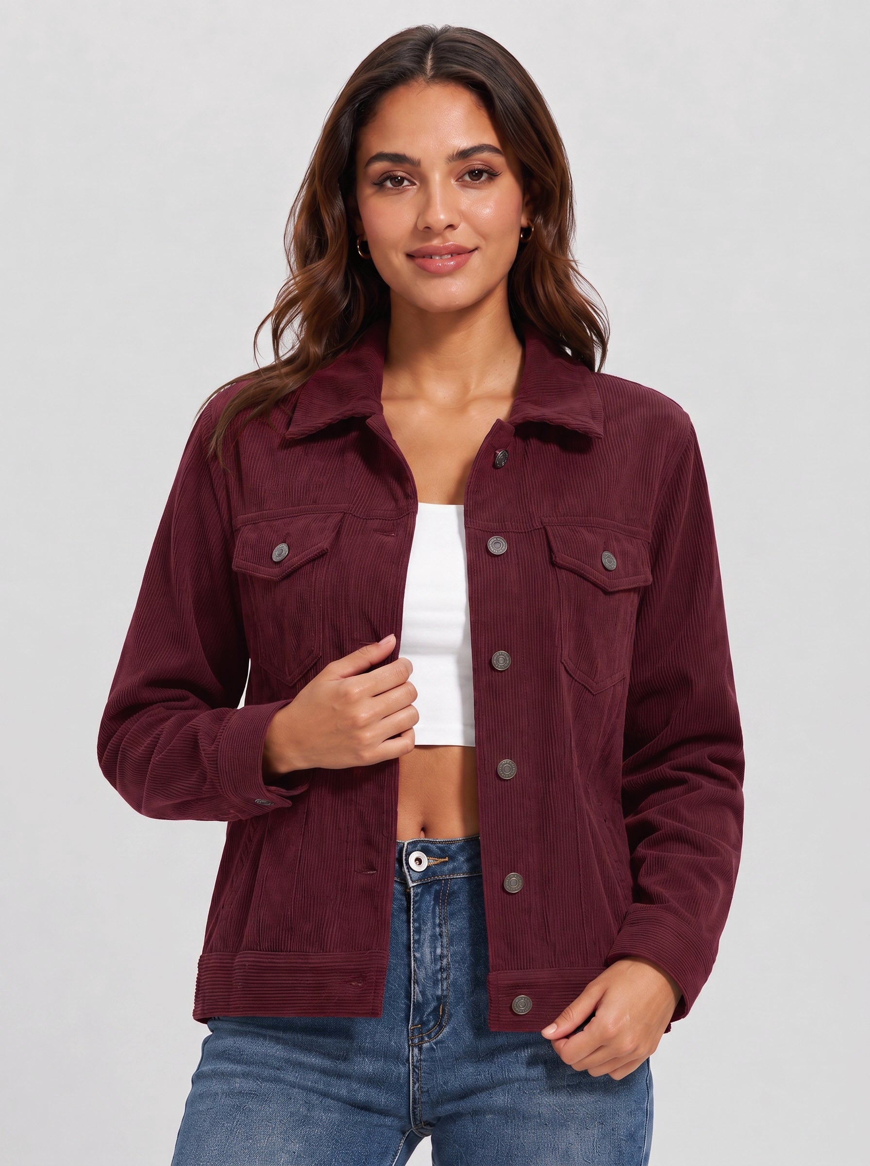 Women's Lightweight Cropped Corduroy Shacket with 4 Pockets Button Down Casual Jacket
