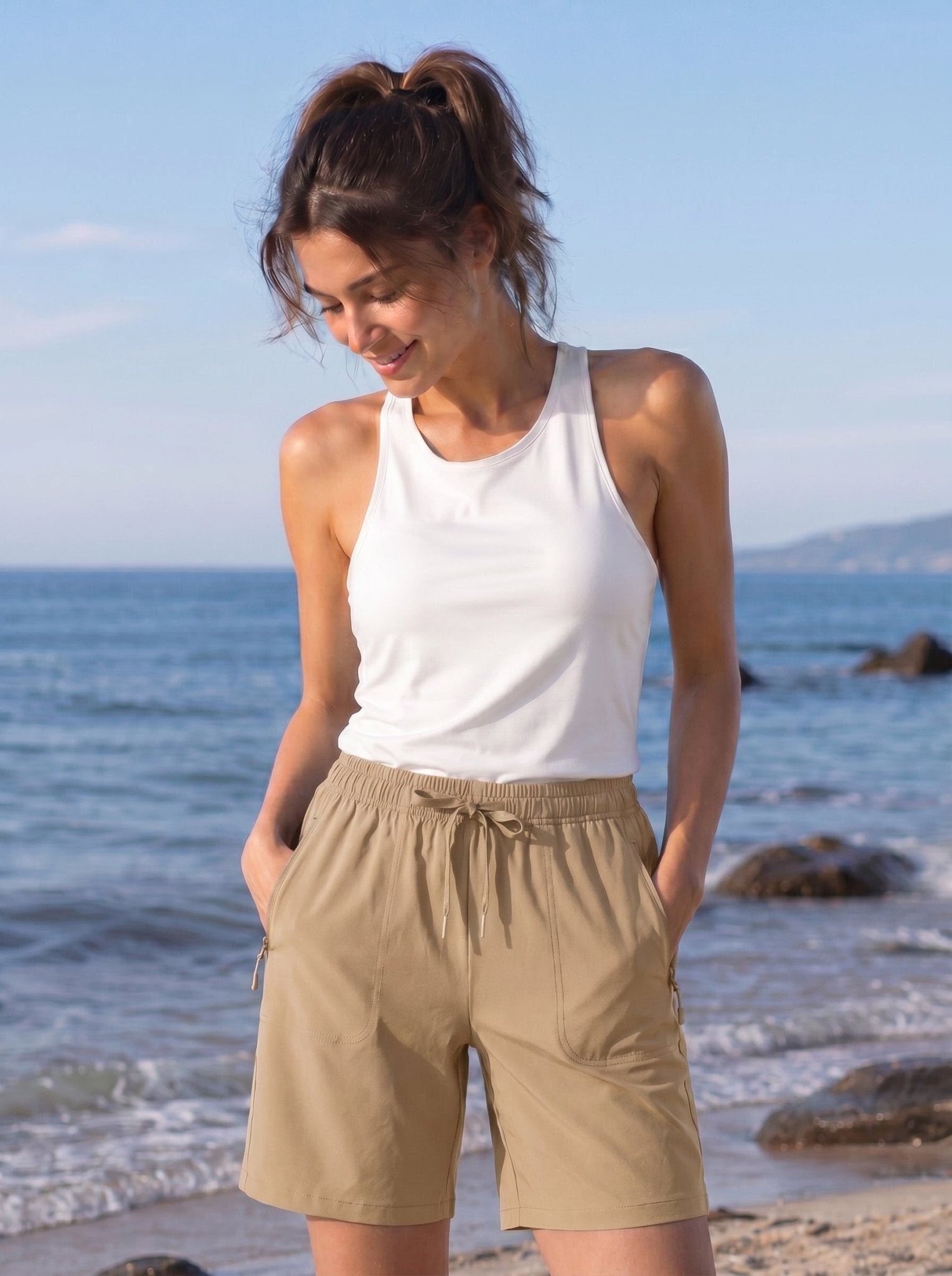 YUCOLEN Women 8 Inch Inseam Hiking Shorts - Water Resistant Quick Dry Golf Shorts with Zipper Pockets in Khaki