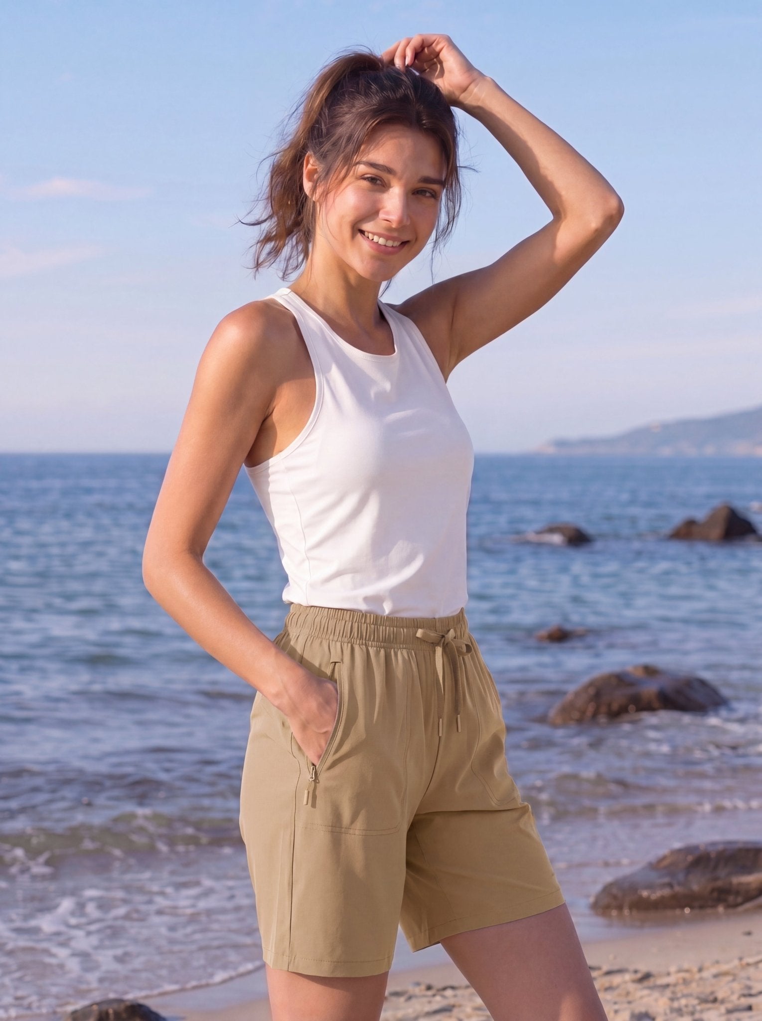 YUCOLEN Women 8 Inch Inseam Hiking Shorts - Water Resistant Quick Dry Golf Shorts with Zipper Pockets in Khaki
