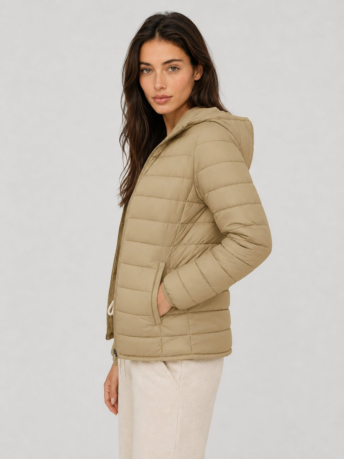 YUCOLEN Women Lightweight Hooded Jacket Water-Resistant Quilted Outdoor Coat in Khaki