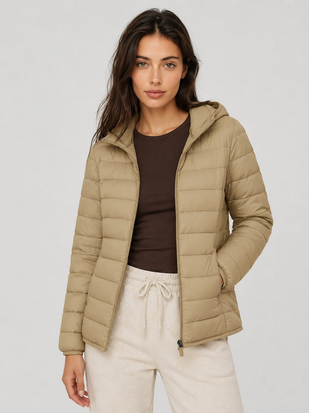 YUCOLEN Women Lightweight Hooded Jacket Water-Resistant Quilted Outdoor Coat in Khaki