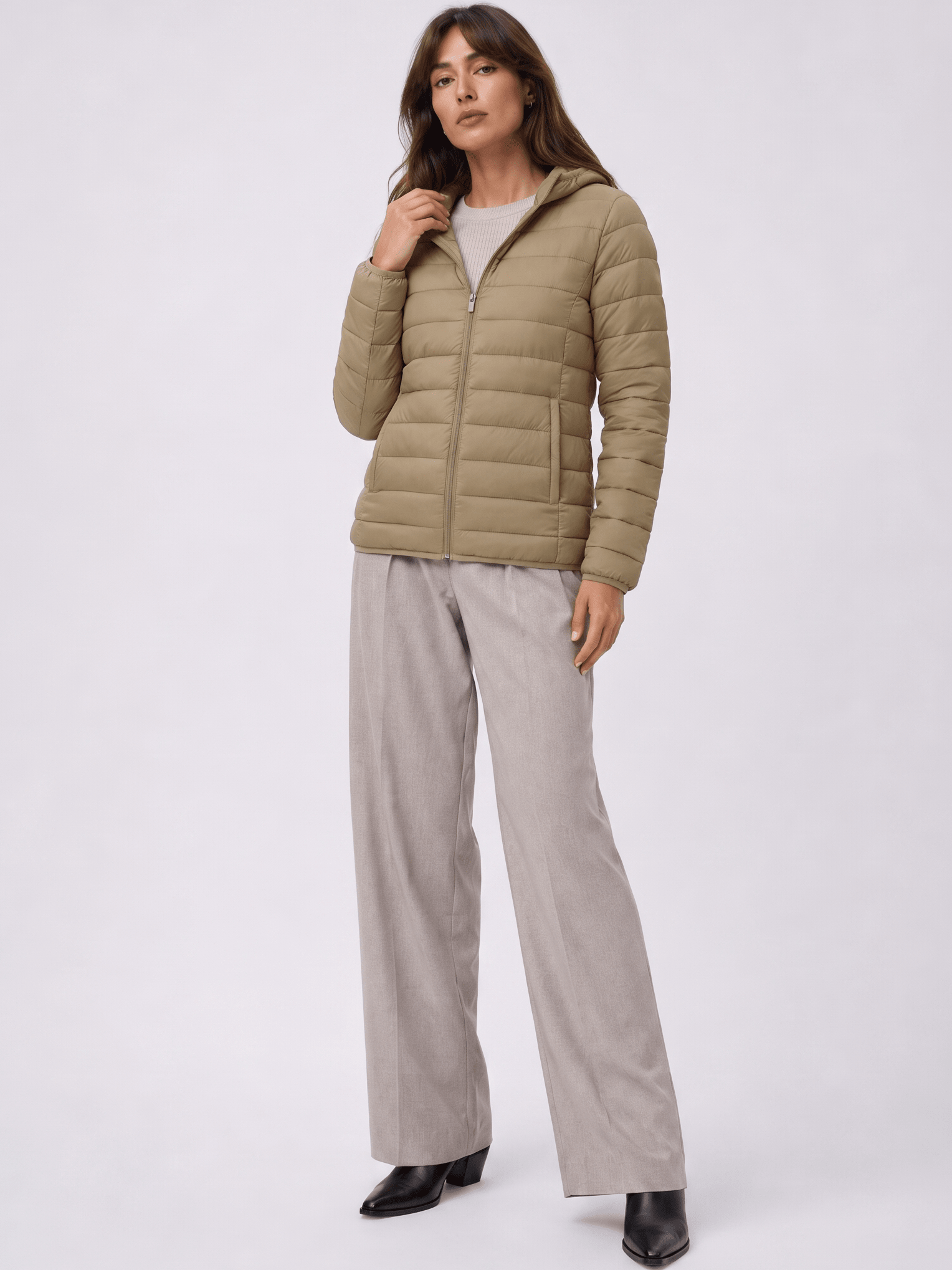 YUCOLEN Women Lightweight Hooded Puffer Jacket Water-Resistant Quilted Outdoor Coat in Khaki