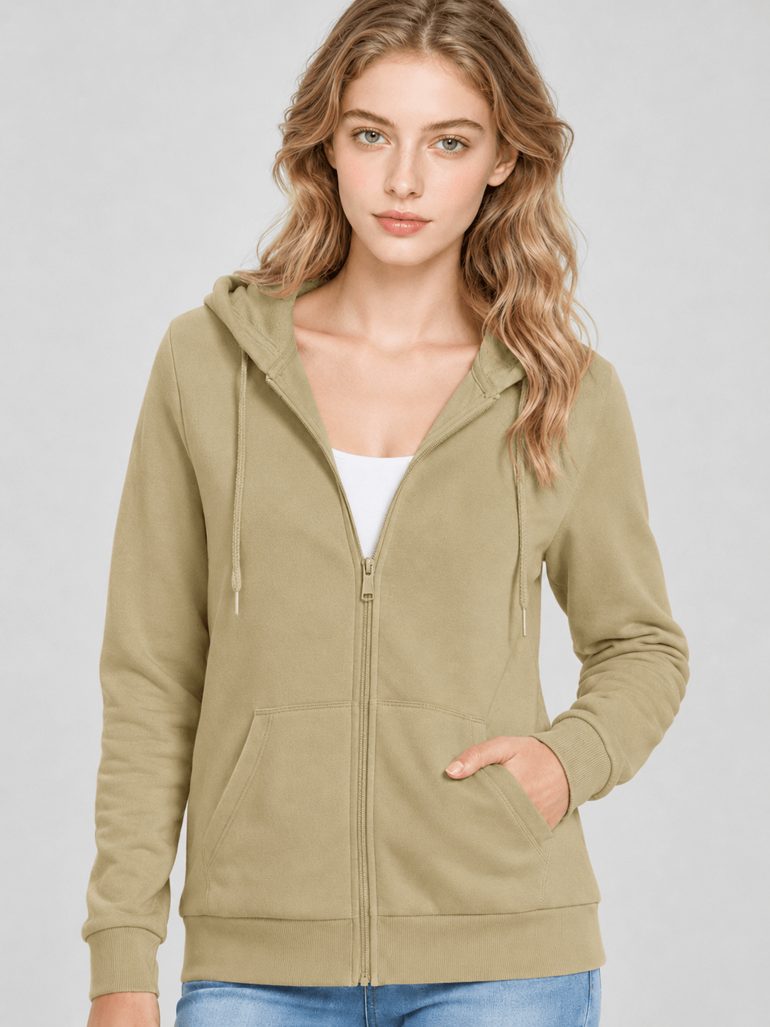 YUCOLEN Women's Fleece Lined Zip Up Hoodie Lightweight Athletic Hooded Sweatshirt in Khaki