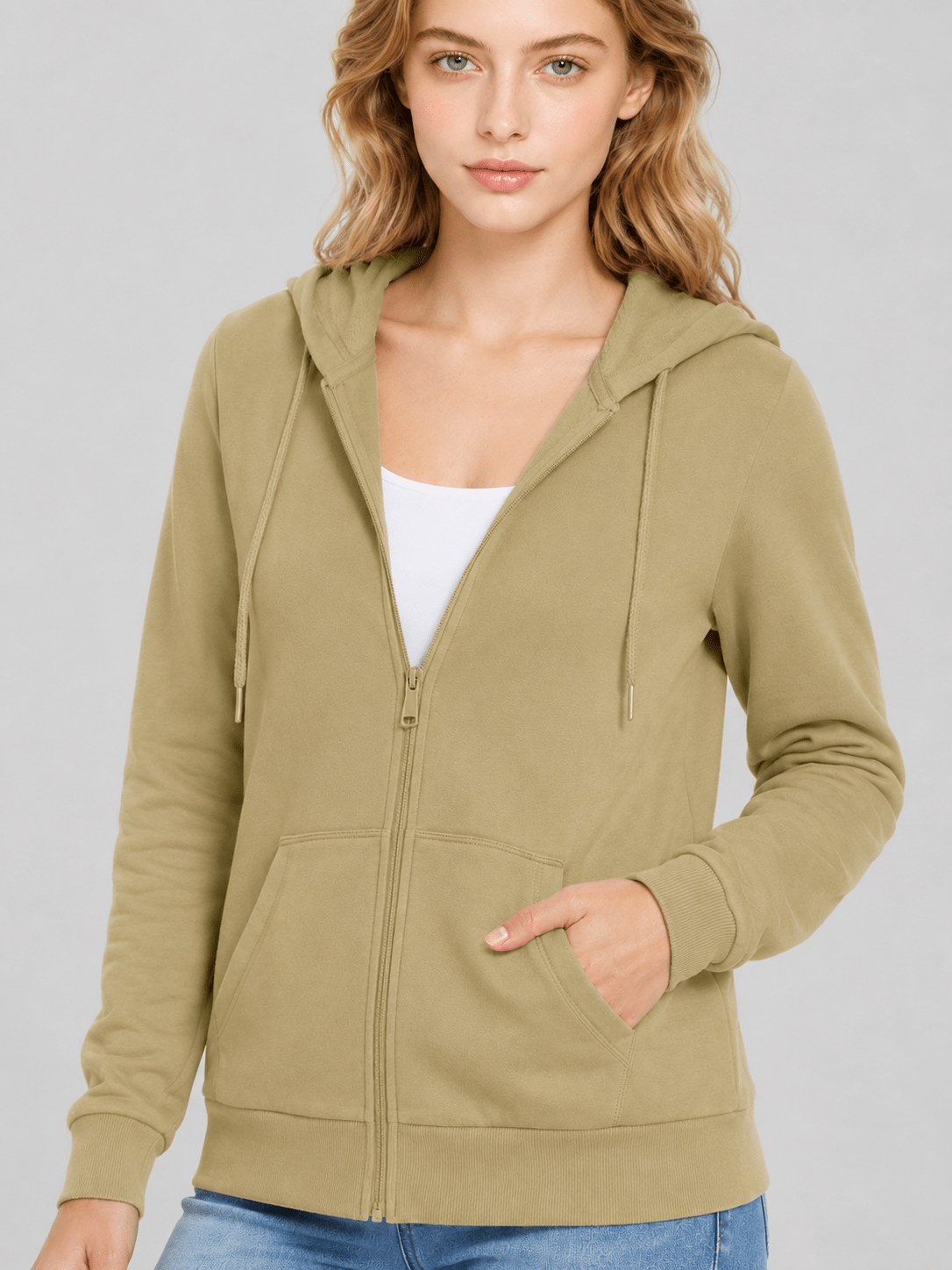 YUCOLEN Women's Fleece Lined Zip Up Hoodie Lightweight Athletic Hooded Sweatshirt in Khaki