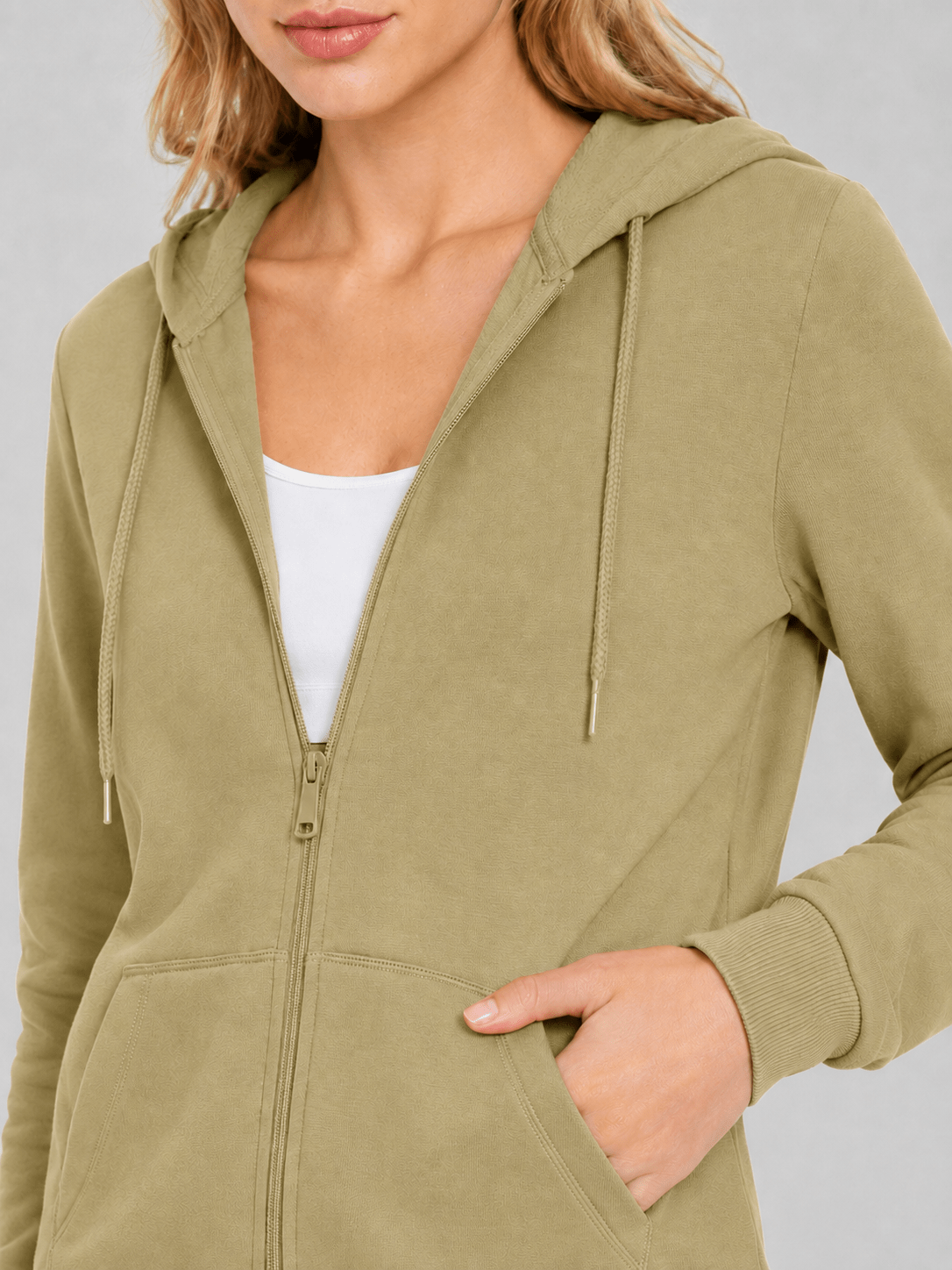 YUCOLEN Women's Fleece Lined Zip Up Hoodie Lightweight Athletic Hooded Sweatshirt in Khaki
