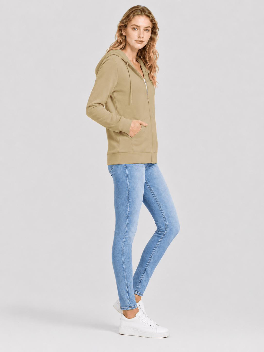 YUCOLEN Women's Fleece Lined Zip Up Hoodie Lightweight Athletic Hooded Sweatshirt in Khaki