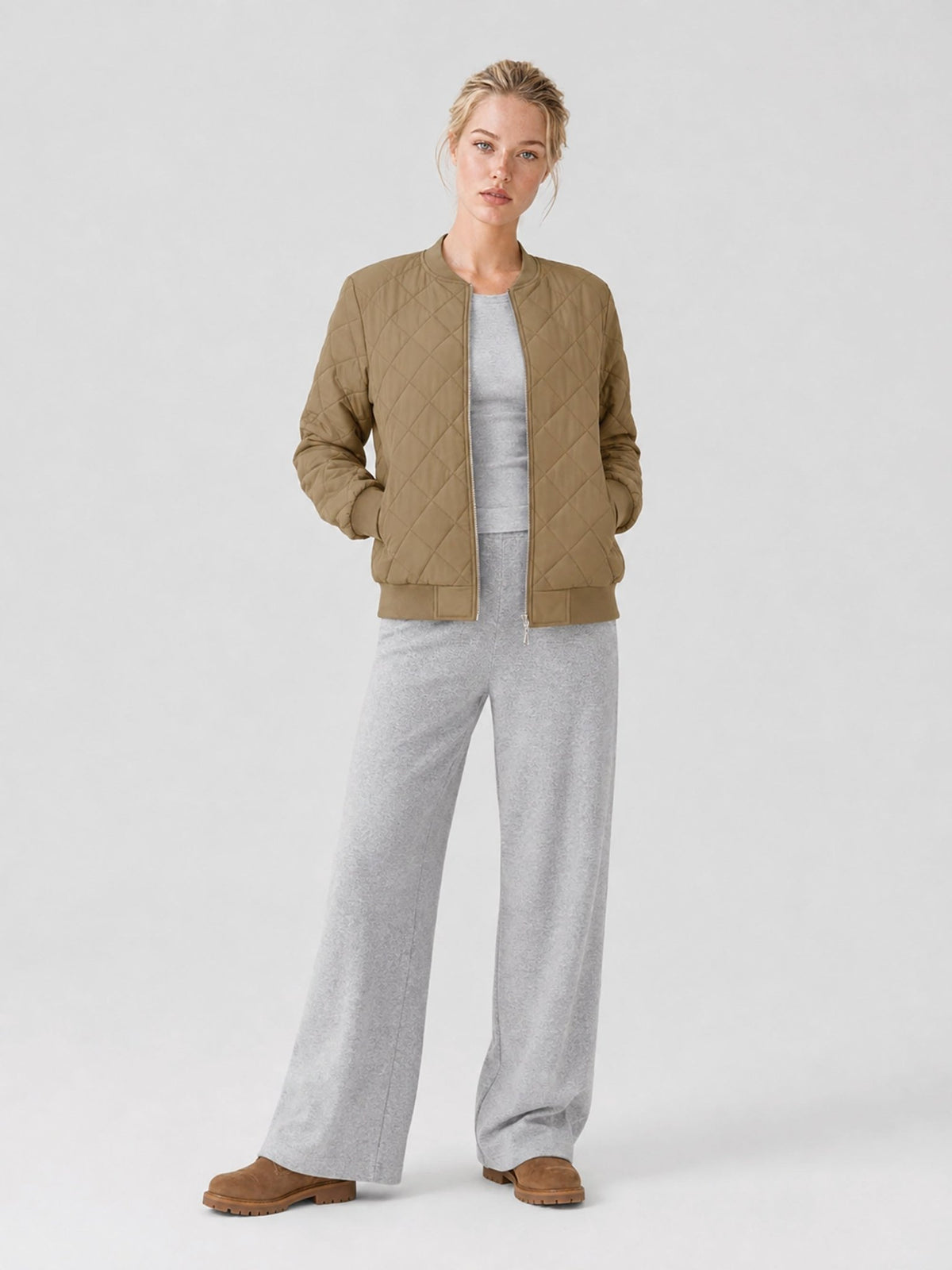 YUCOLEN Women's Lightweight Diamond Quilted Bomber Jacket with Secure Zip Pockets in Khaki