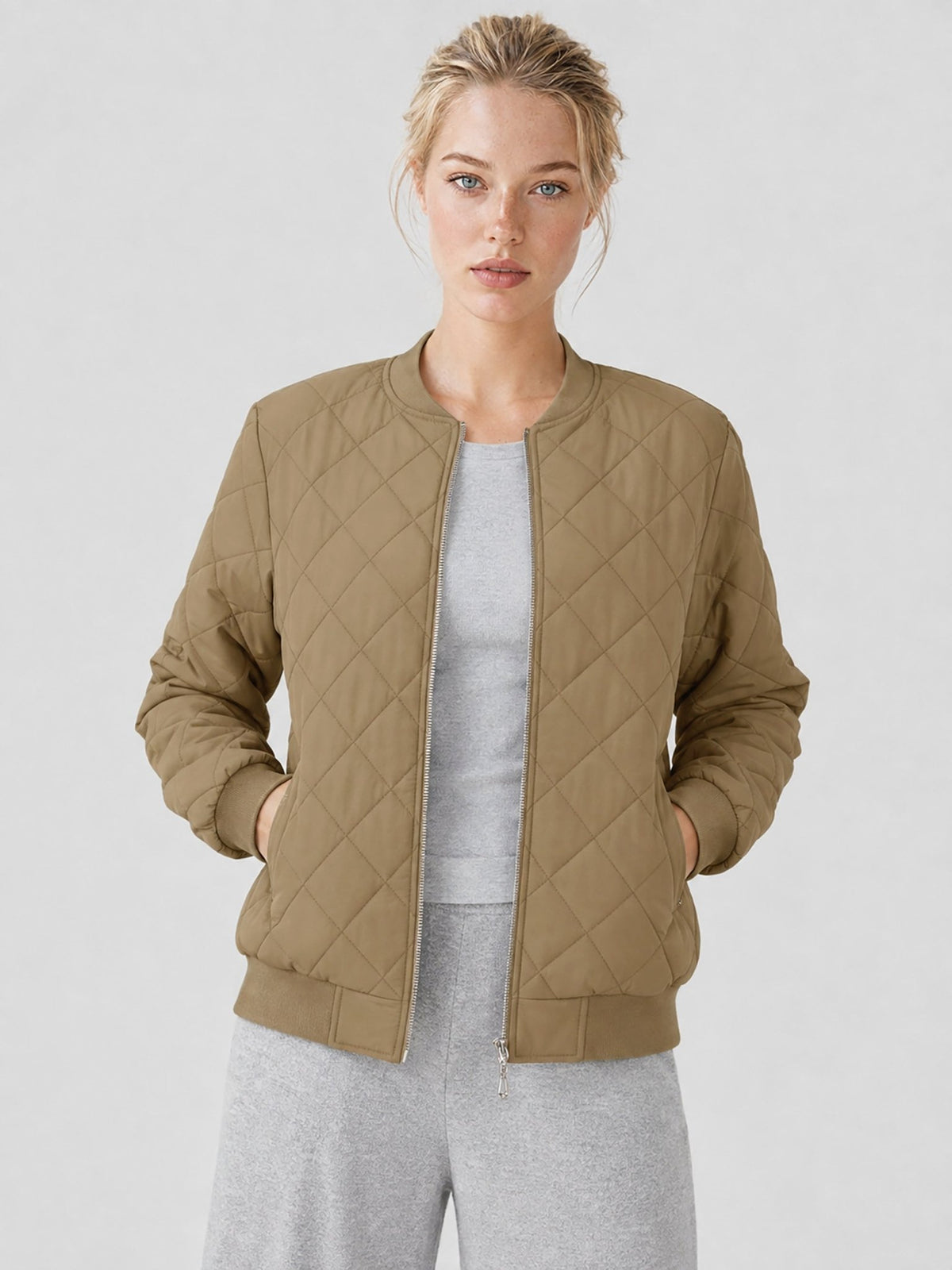 YUCOLEN Women's Lightweight Diamond Quilted Bomber Jacket with Secure Zip Pockets in Khaki