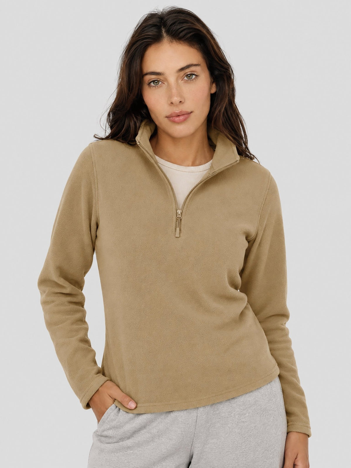YUCOLEN Women's Quarter Zip Polar Fleece Pullover Lightweight Warm Sweatshirt in Khaki