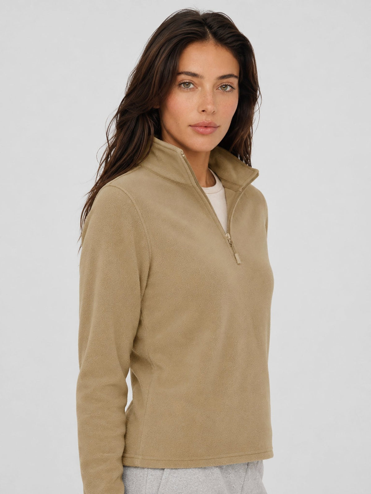 YUCOLEN Women's Quarter Zip Polar Fleece Pullover Lightweight Warm Sweatshirt in Khaki