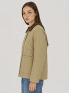 YUCOLEN Women's Quilted Jacket Retro Corduroy Collar Lightweight Padded Coat in Khaki