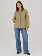 YUCOLEN Women's Quilted Jacket Retro Corduroy Collar Lightweight Padded Coat in Khaki