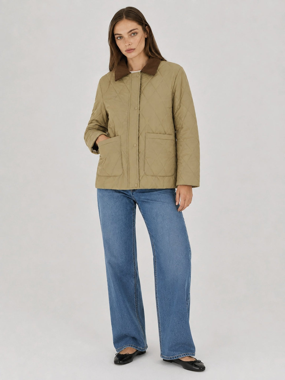 YUCOLEN Women's Quilted Jacket Retro Corduroy Collar Lightweight Padded Coat in Khaki