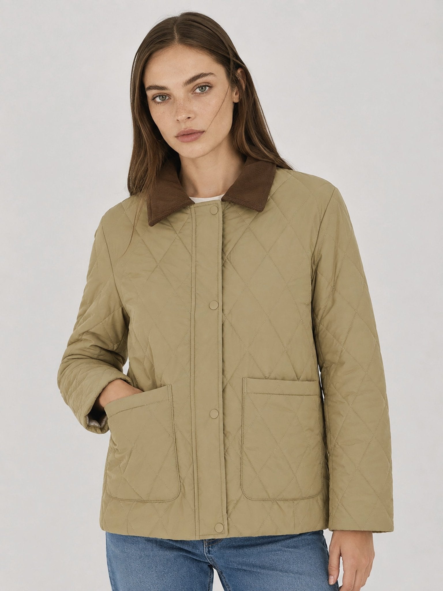 YUCOLEN Women's Quilted Jacket Retro Corduroy Collar Lightweight Padded Coat in Khaki