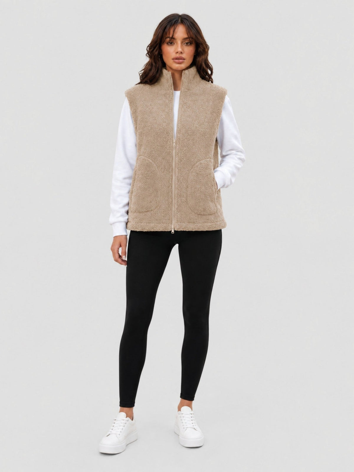 YUCOLEN Women's Sherpa Fleece Vest Fuzzy Zip Up Sleeveless Jacket with 4 Pockets in Khaki