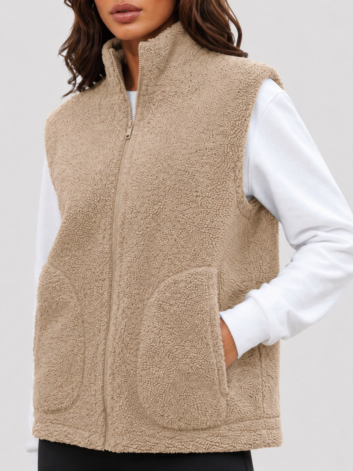 YUCOLEN Women's Sherpa Fleece Vest Fuzzy Zip Up Sleeveless Jacket with 4 Pockets in Khaki