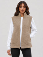 YUCOLEN Women's Sherpa Fleece Vest Fuzzy Zip Up Sleeveless Jacket with 4 Pockets in Khaki