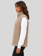 YUCOLEN Women's Sherpa Fleece Vest Fuzzy Zip Up Sleeveless Jacket with 4 Pockets in Khaki