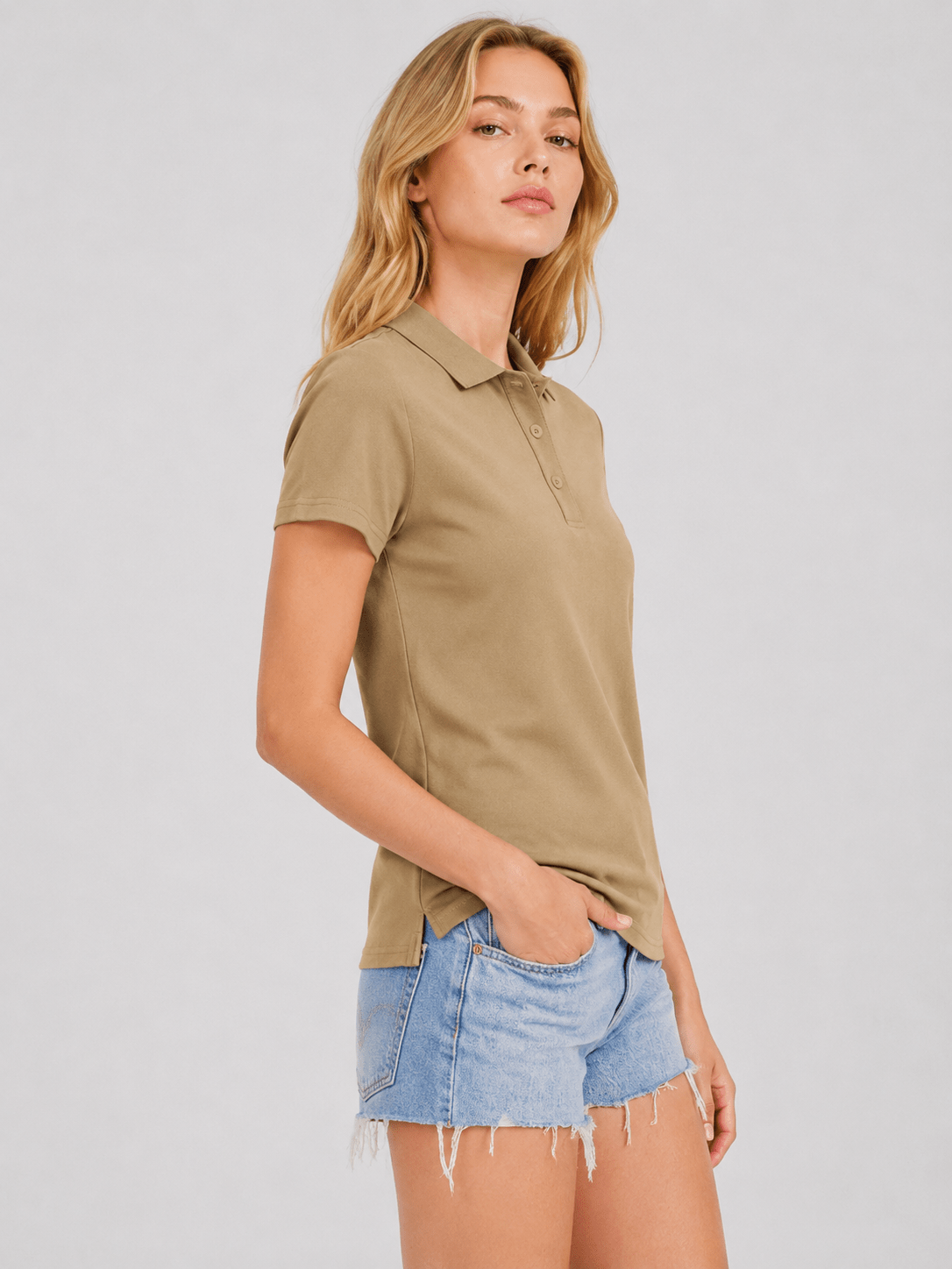 YUCOLEN Women's Short Sleeve Cotton Polo Shirt Breathable 3-Button Collared Top in Khaki