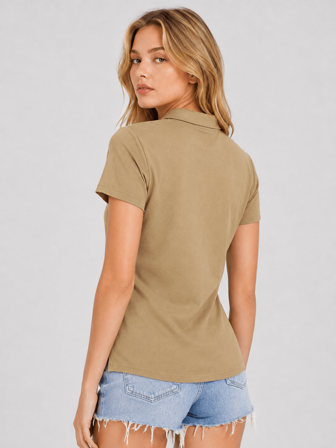 YUCOLEN Women's Short Sleeve Cotton Polo Shirt Breathable 3-Button Collared Top in Khaki